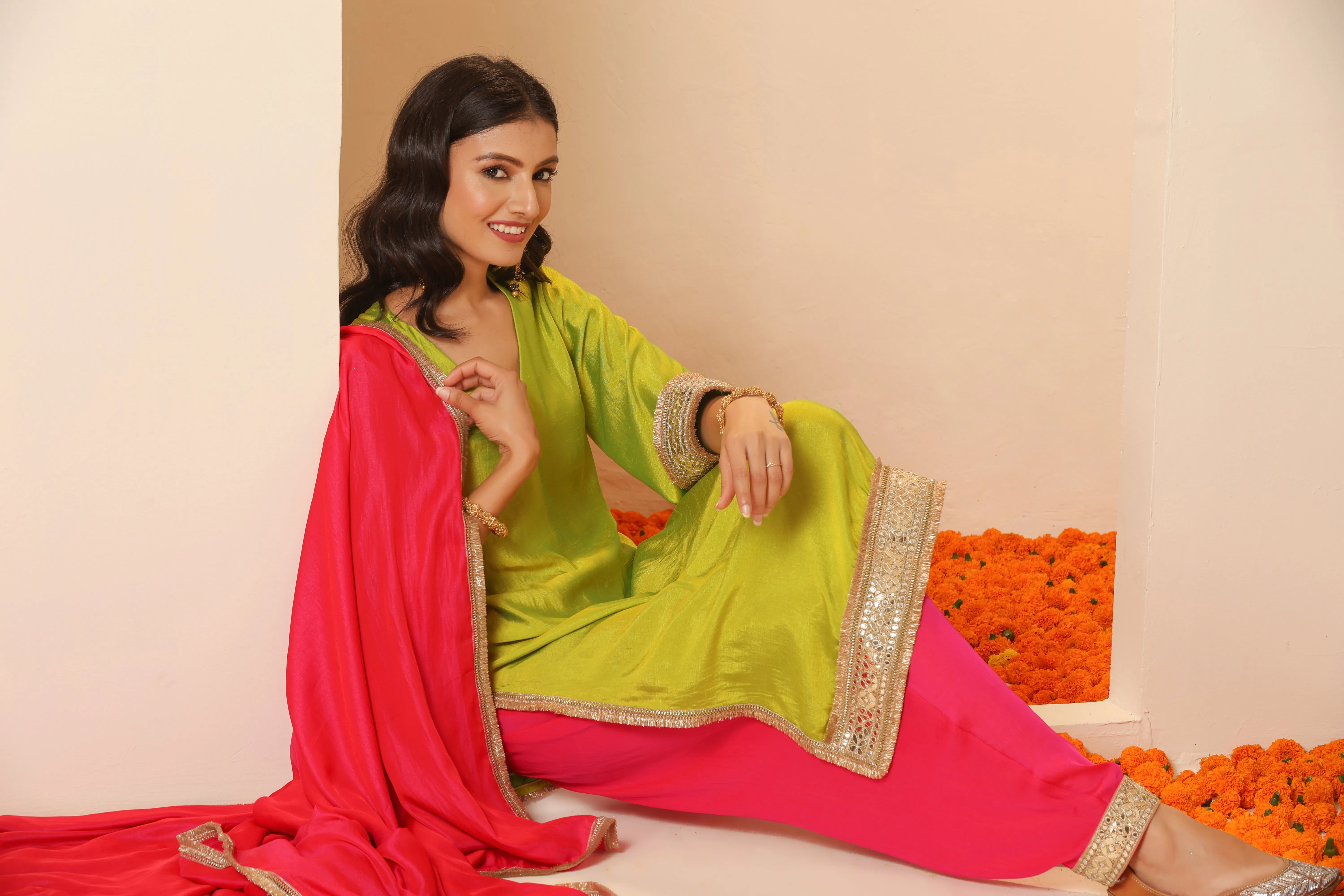 1 Pc - Fuschia Satin Dupatta  with Lace