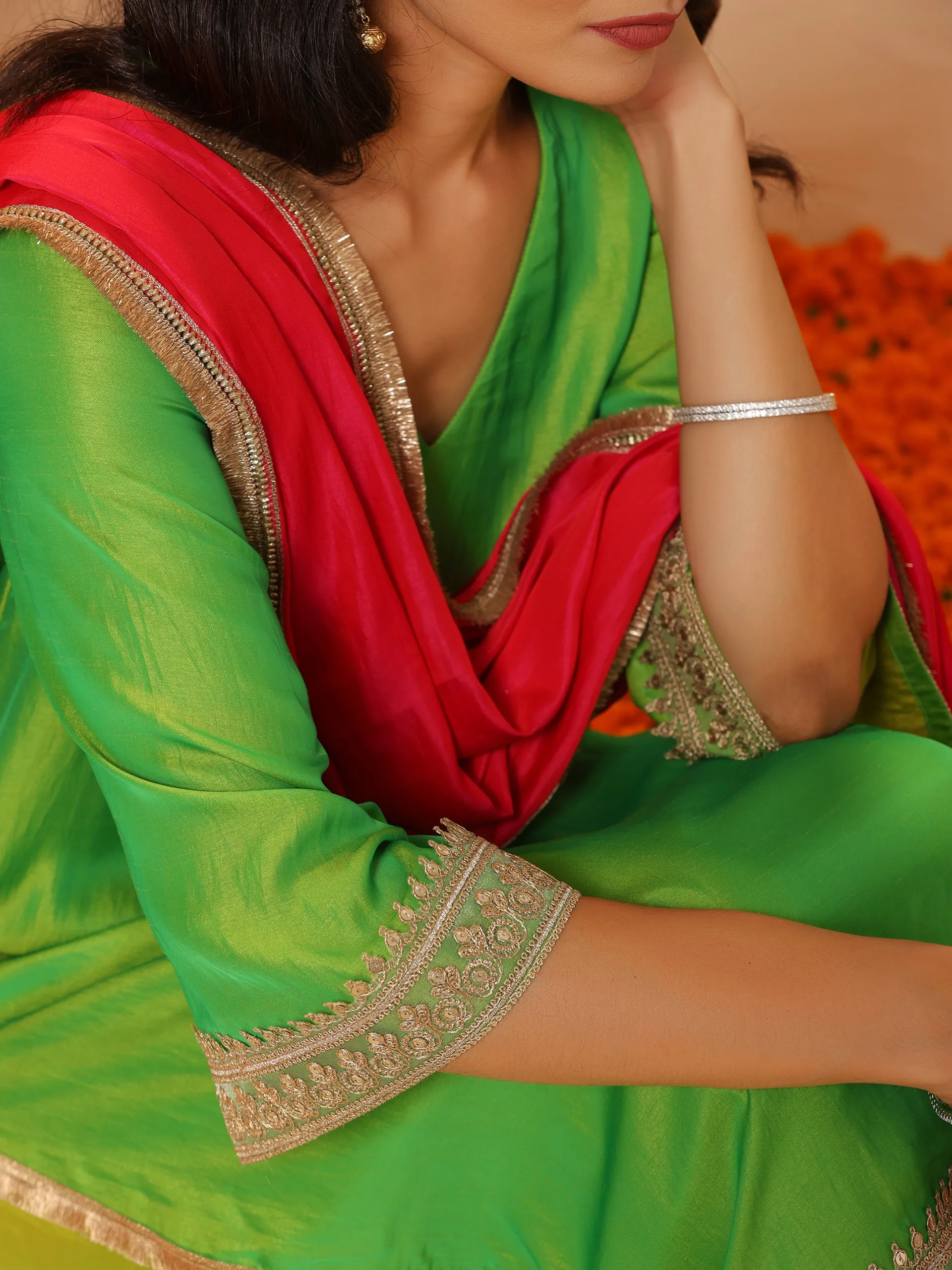 1 Pc - Fuschia Satin Dupatta  with Lace