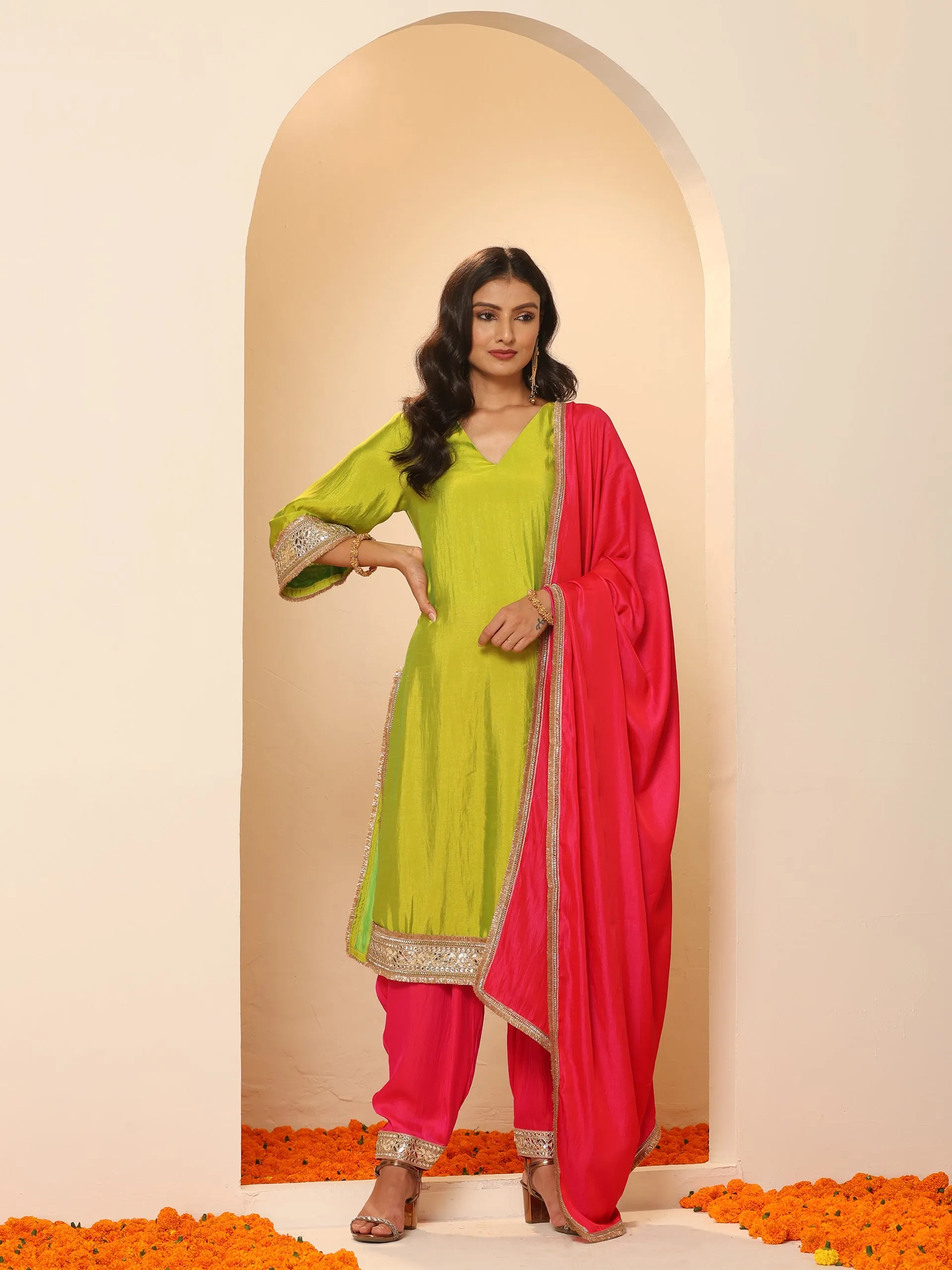 1 Pc - Fuschia Satin Dupatta  with Lace
