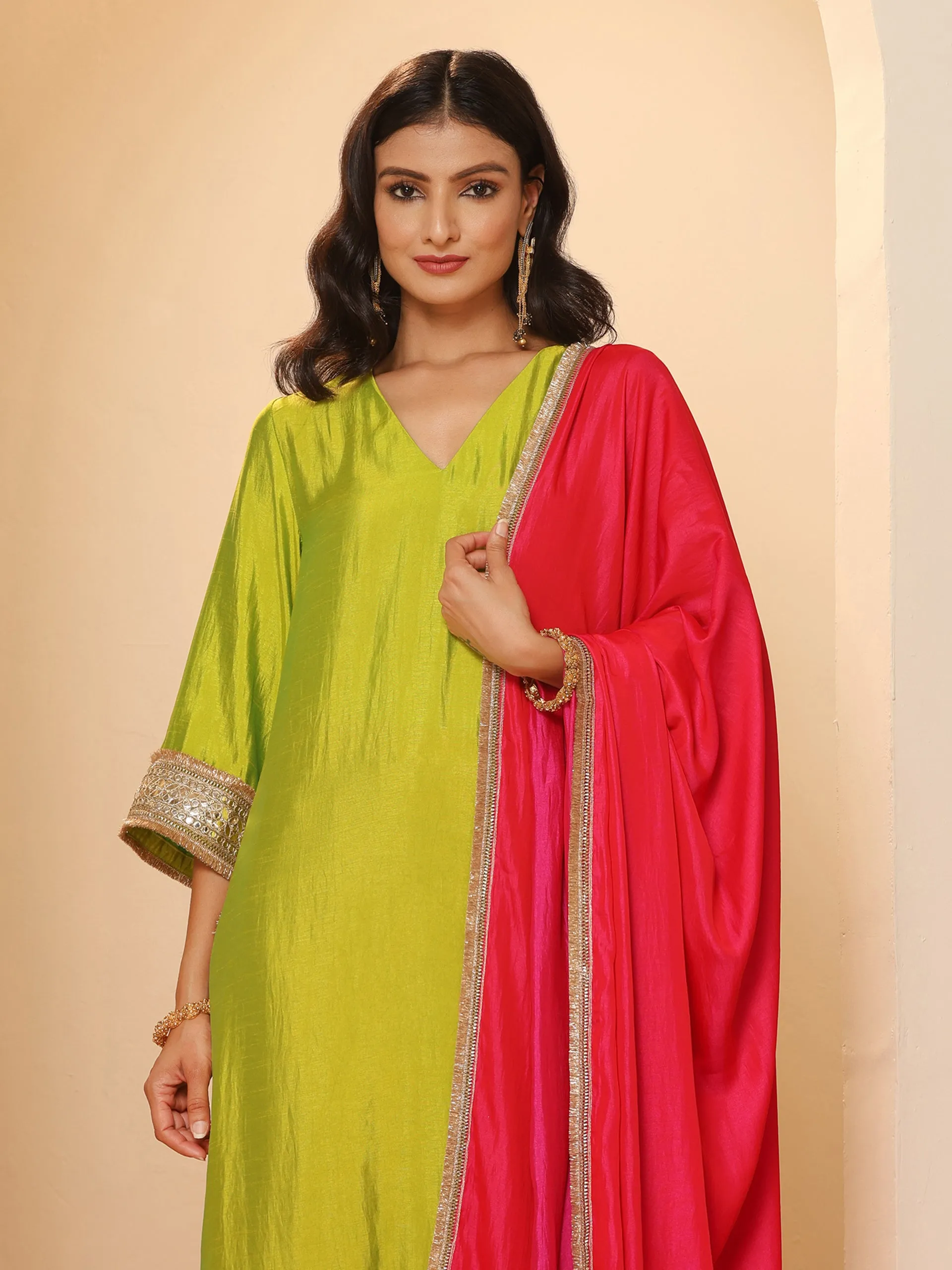 1 Pc - Fuschia Satin Dupatta  with Lace
