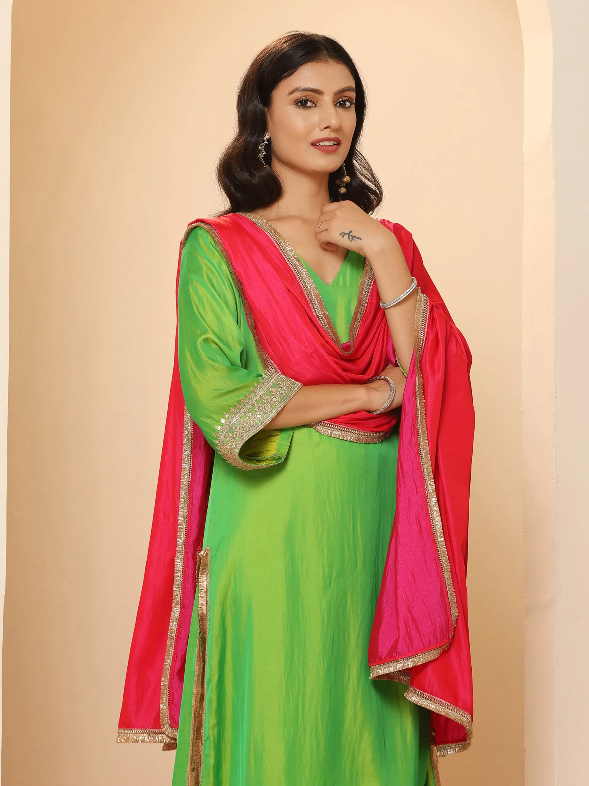 1 Pc - Fuschia Satin Dupatta  with Lace
