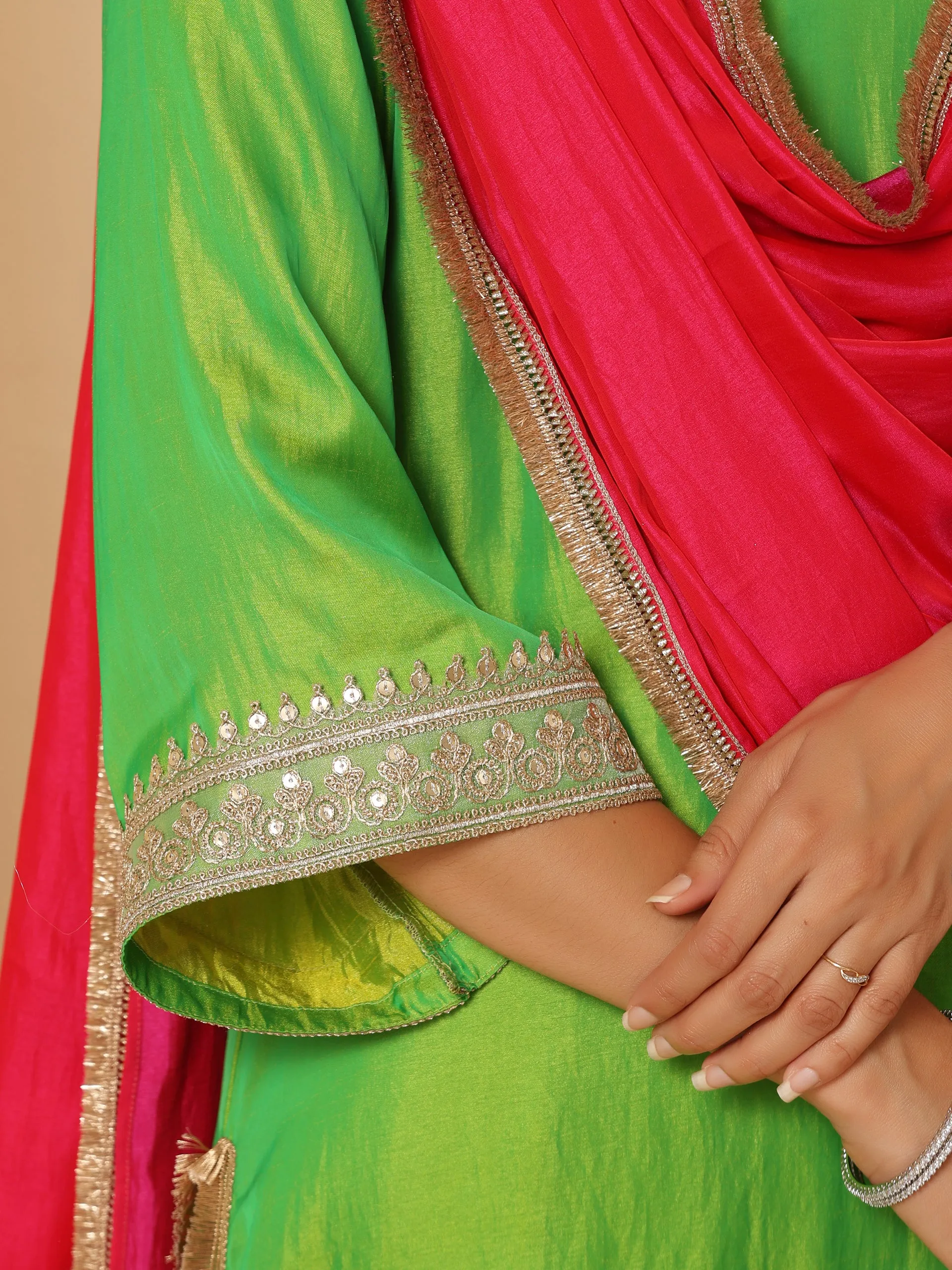 1 Pc - Fuschia Satin Dupatta  with Lace