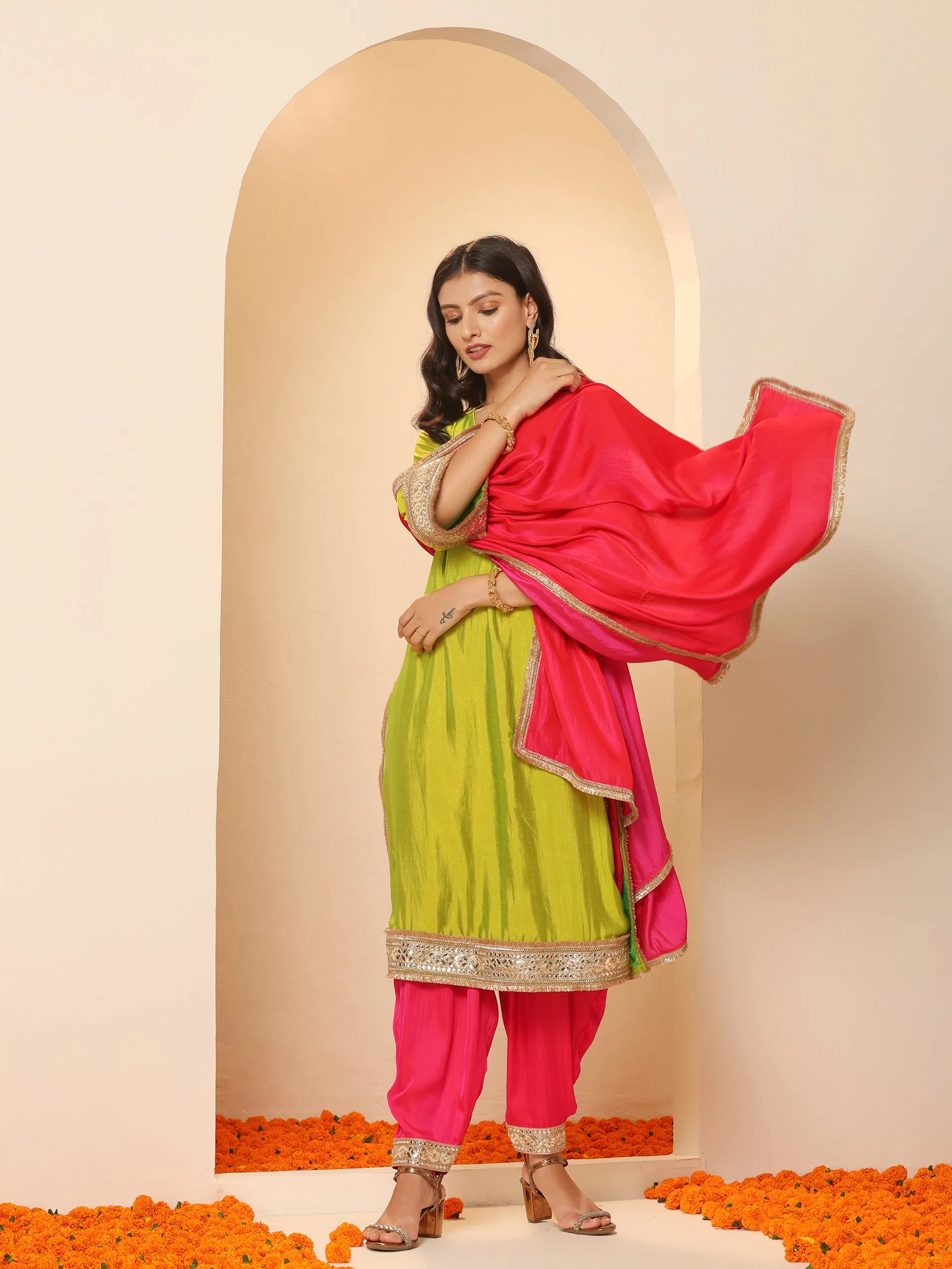 1 Pc - Fuschia Satin Dupatta  with Lace