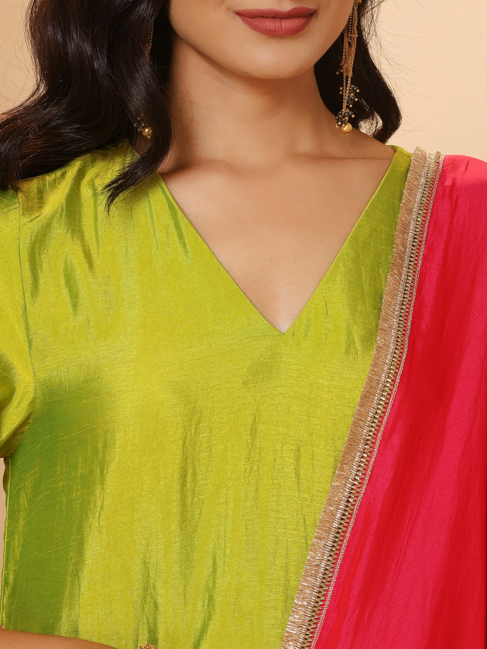 1 Pc - Fuschia Satin Dupatta  with Lace