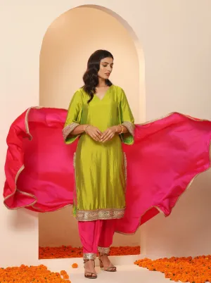 1 Pc - Fuschia Satin Dupatta  with Lace
