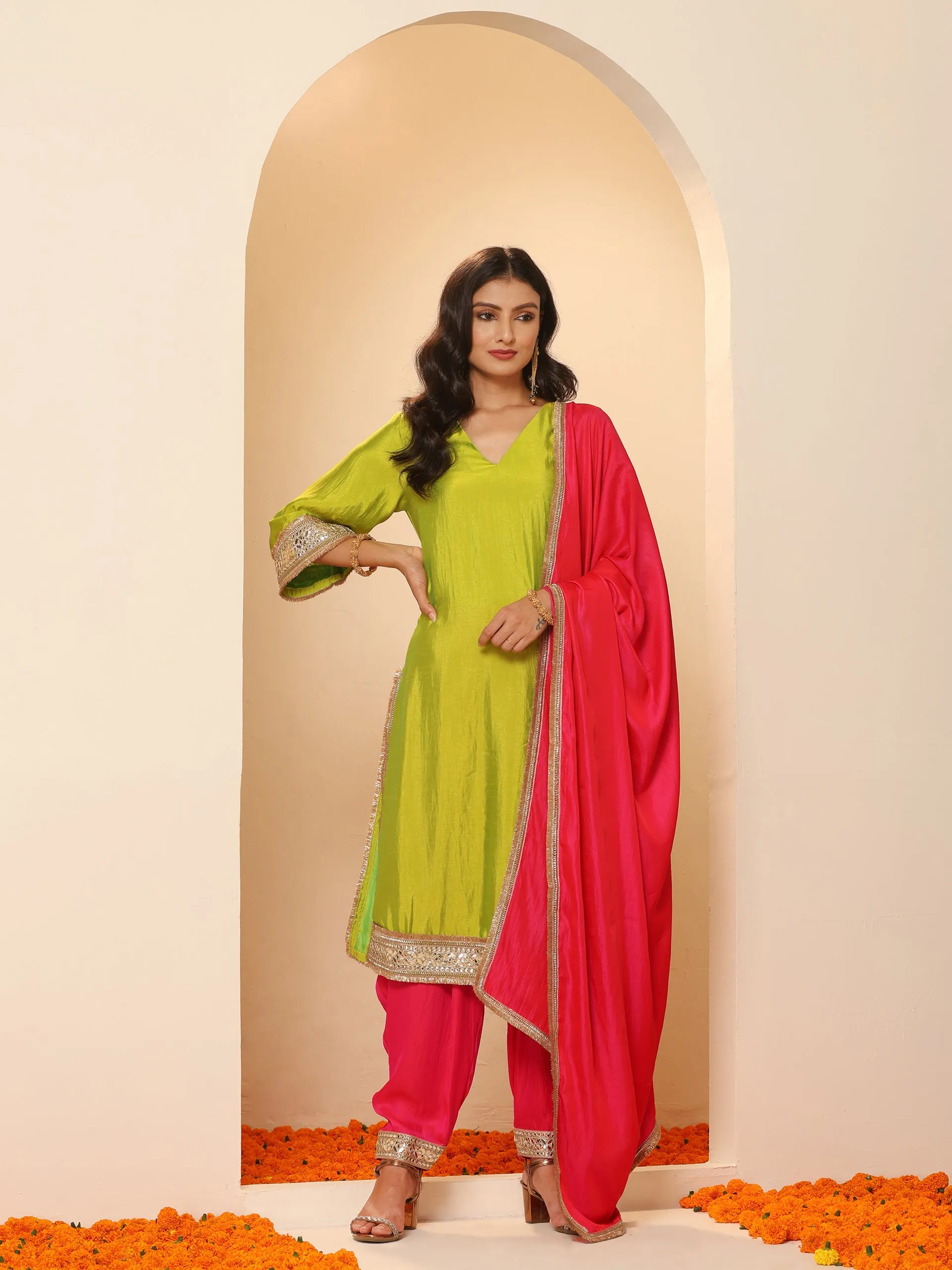 1 Pc - Fuschia Satin Dupatta  with Lace