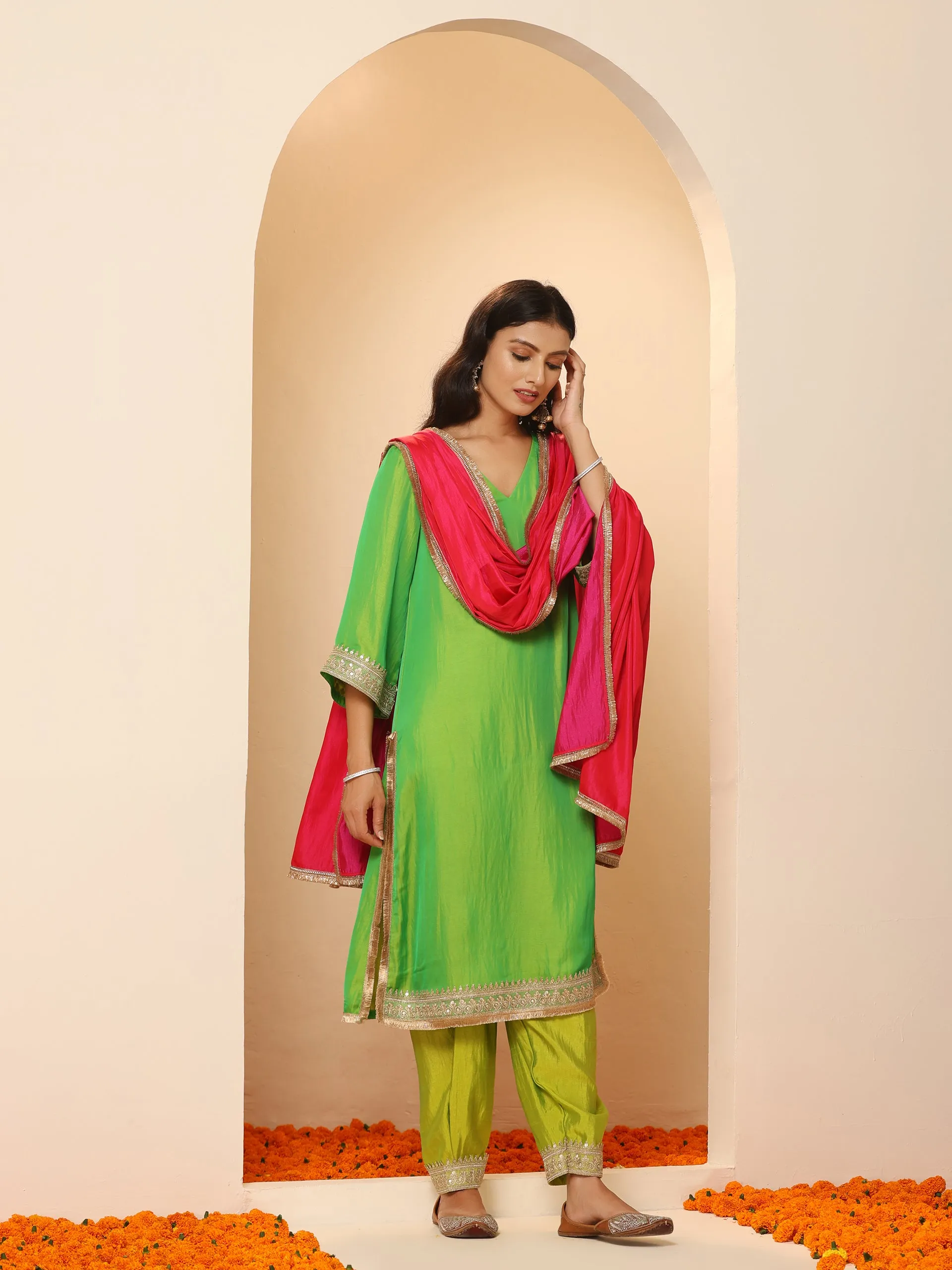 1 Pc - Fuschia Satin Dupatta  with Lace