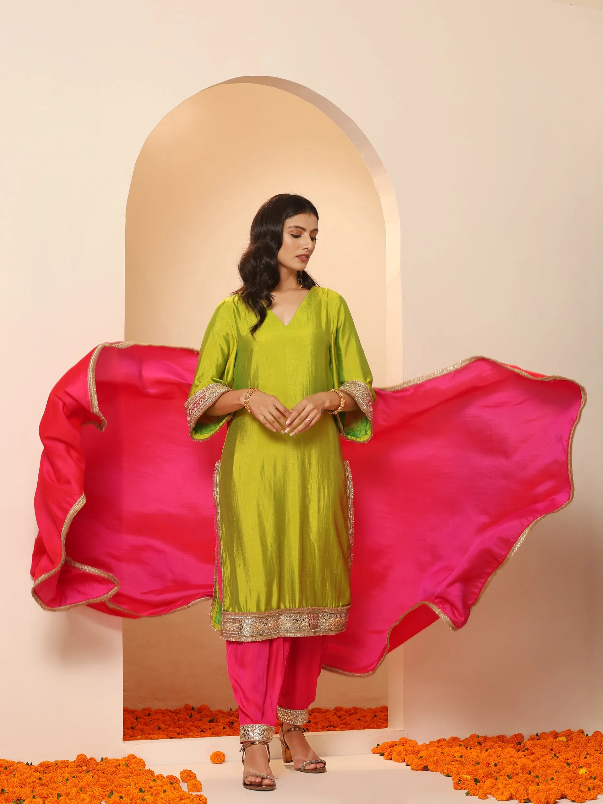 1 Pc - Fuschia Satin Dupatta  with Lace