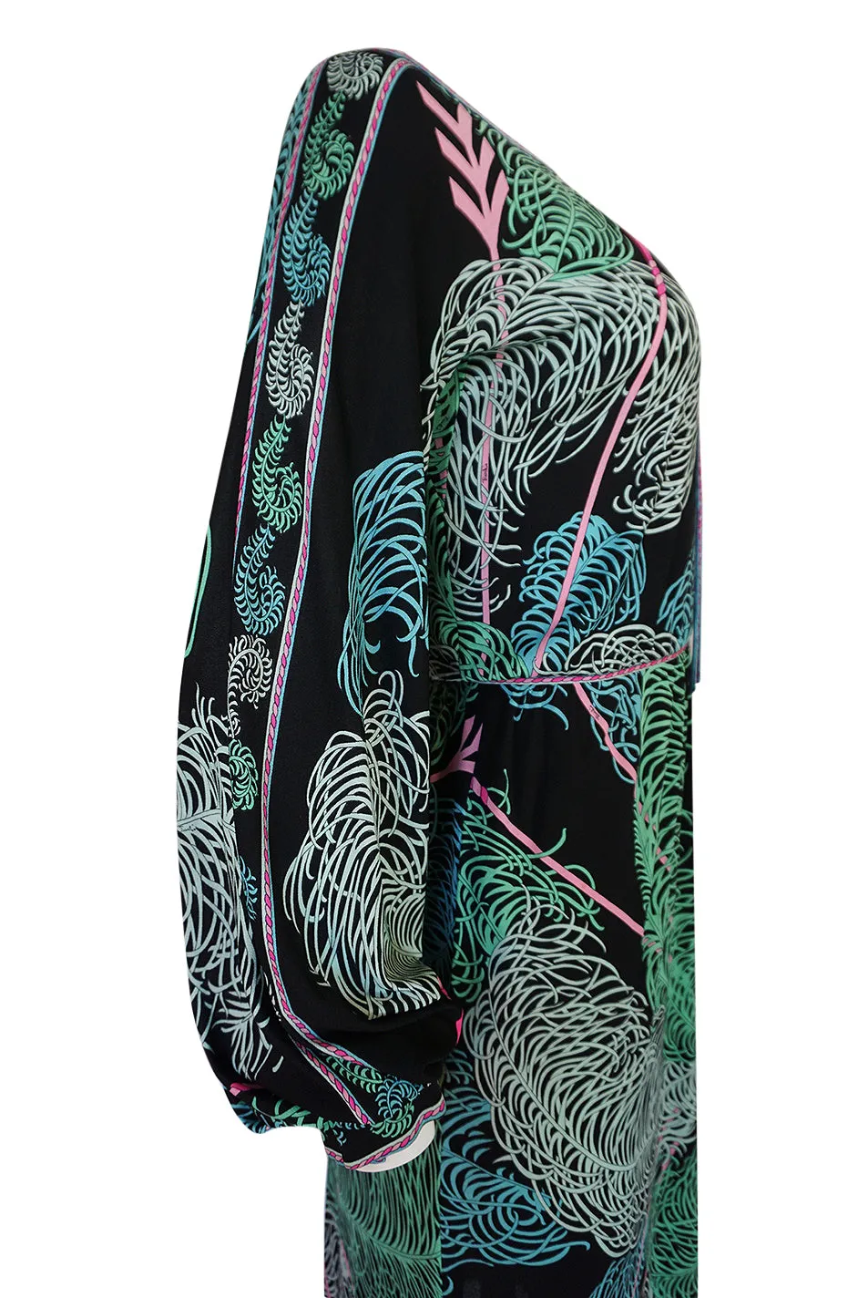 1960s Emilio Pucci Feather Print Off Shoulder Silk Jersey Dress
