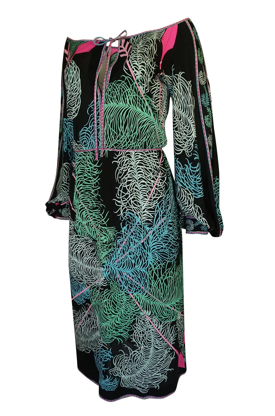 1960s Emilio Pucci Feather Print Off Shoulder Silk Jersey Dress
