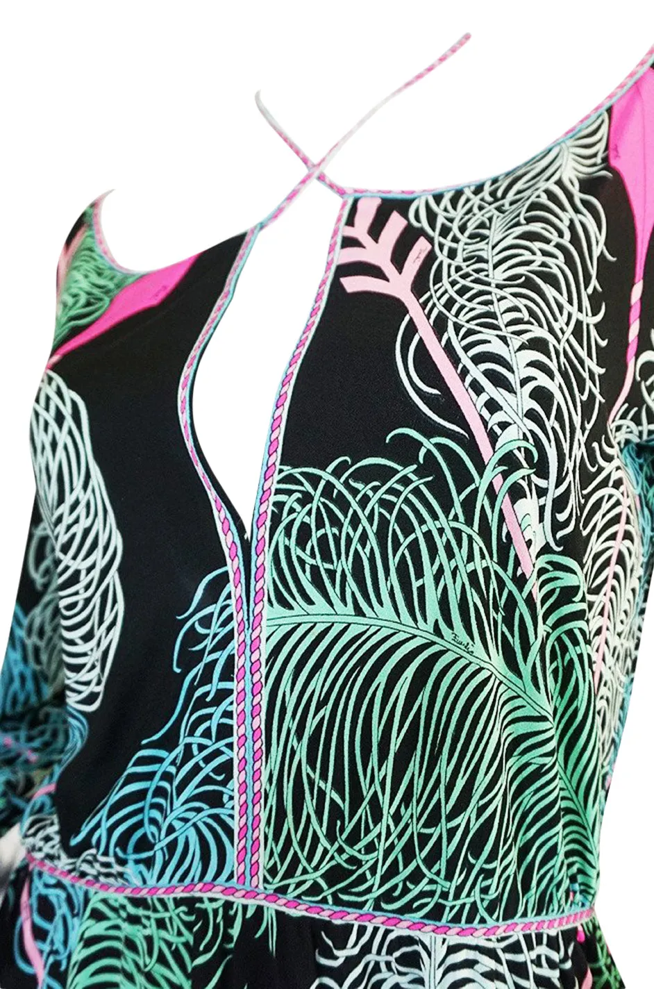 1960s Emilio Pucci Feather Print Off Shoulder Silk Jersey Dress