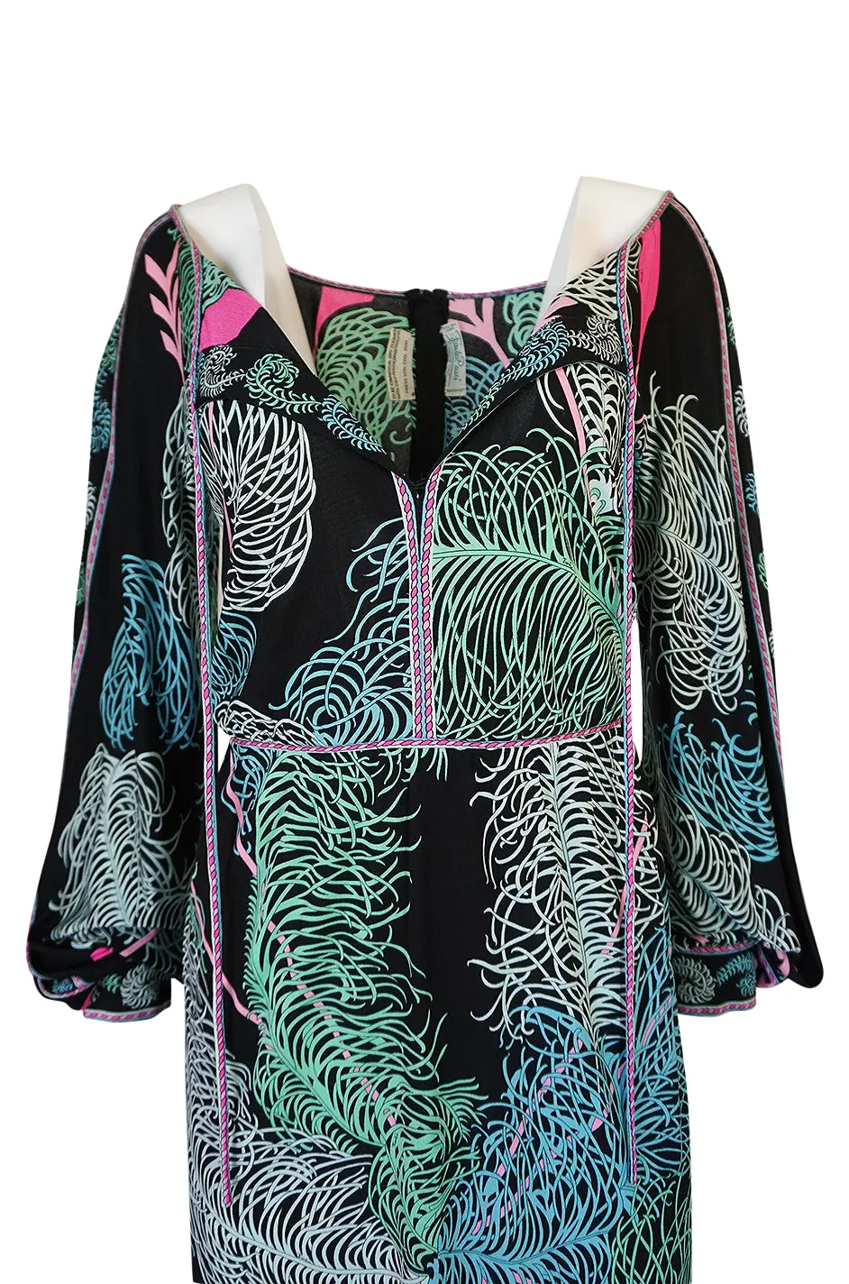 1960s Emilio Pucci Feather Print Off Shoulder Silk Jersey Dress