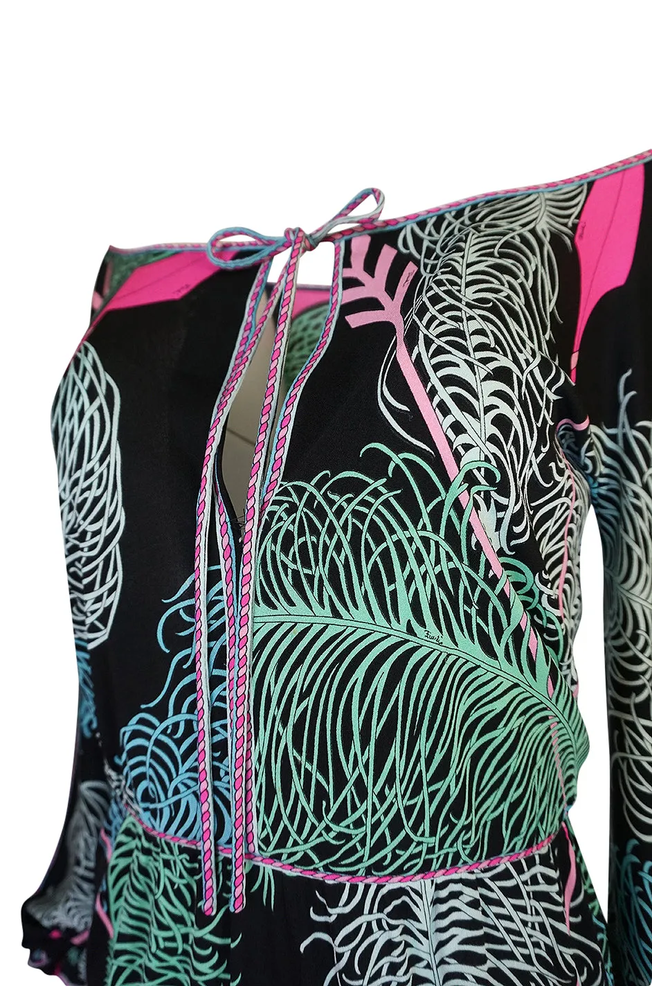 1960s Emilio Pucci Feather Print Off Shoulder Silk Jersey Dress