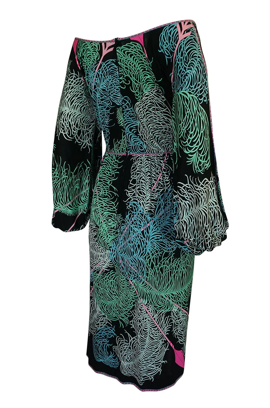 1960s Emilio Pucci Feather Print Off Shoulder Silk Jersey Dress