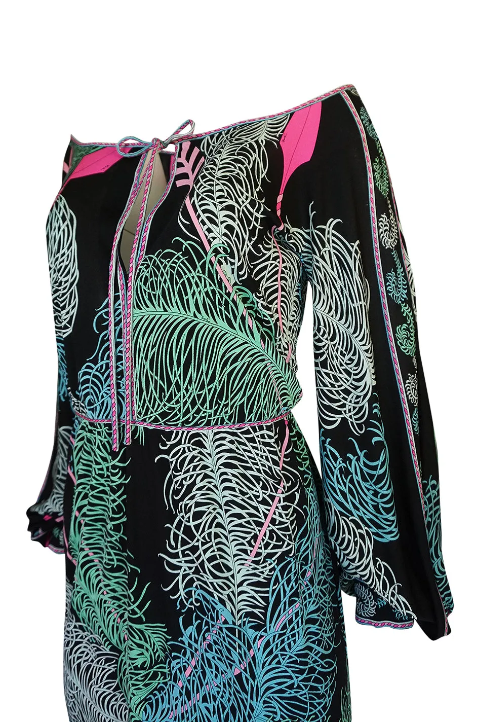 1960s Emilio Pucci Feather Print Off Shoulder Silk Jersey Dress