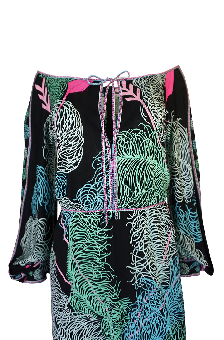 1960s Emilio Pucci Feather Print Off Shoulder Silk Jersey Dress