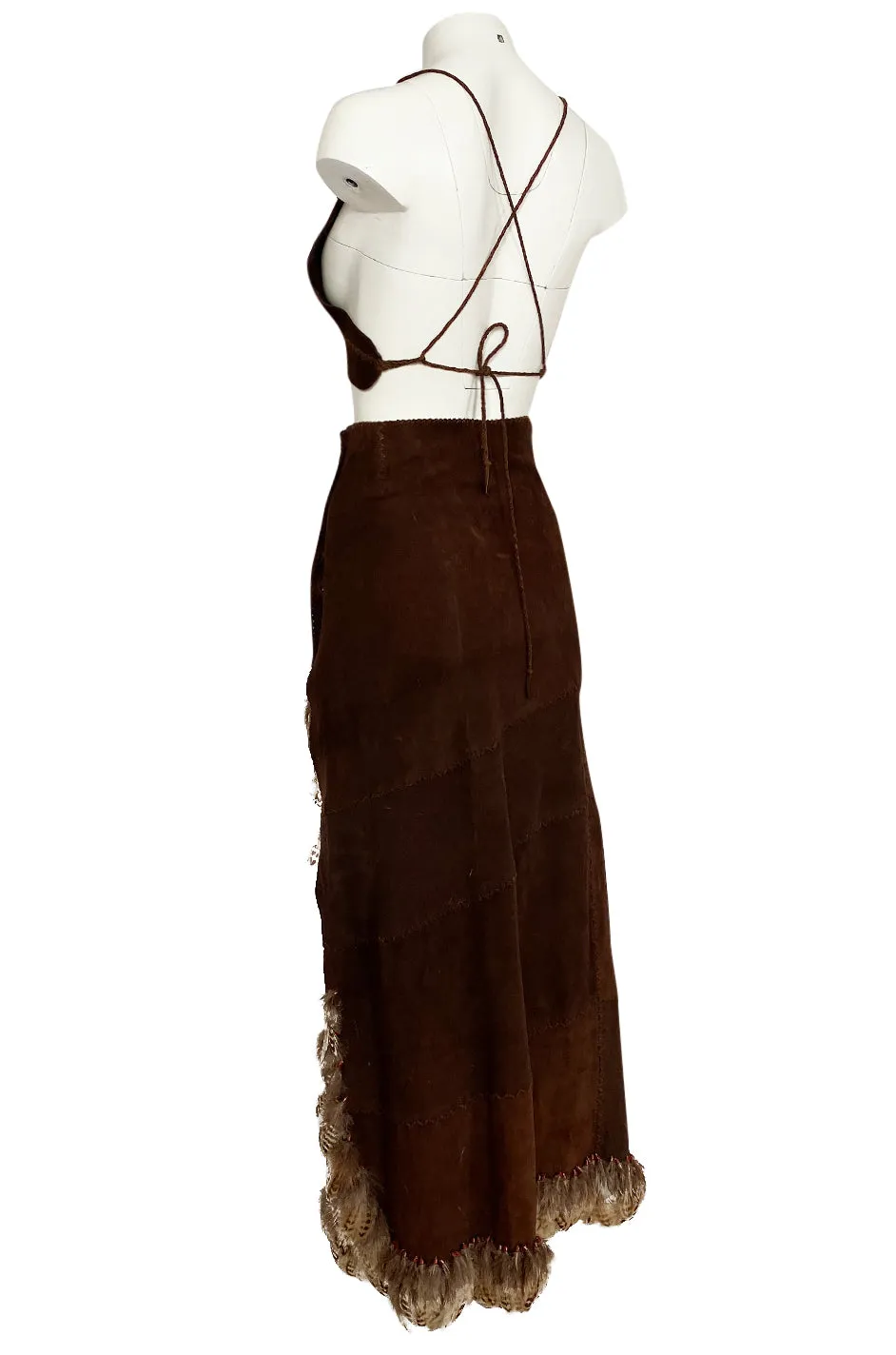 1960s North Beach Leather Suede & Feather Halter Top & Wrap Skirt Set
