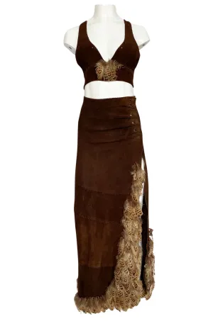 1960s North Beach Leather Suede & Feather Halter Top & Wrap Skirt Set