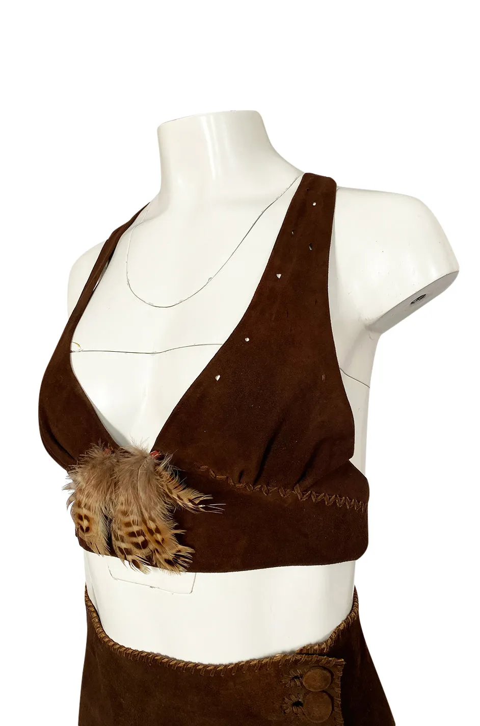 1960s North Beach Leather Suede & Feather Halter Top & Wrap Skirt Set