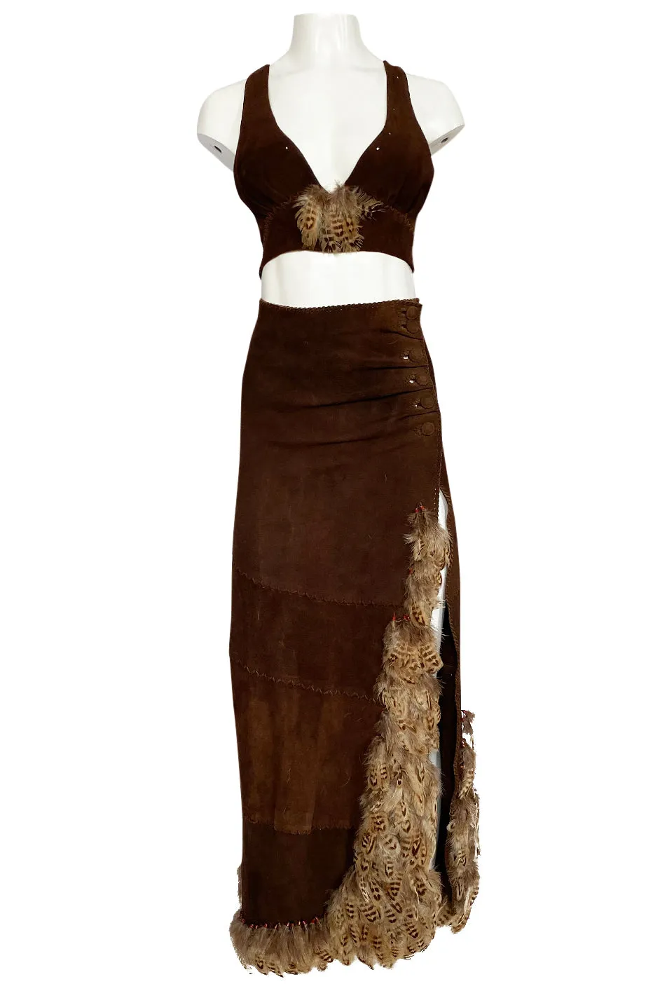 1960s North Beach Leather Suede & Feather Halter Top & Wrap Skirt Set