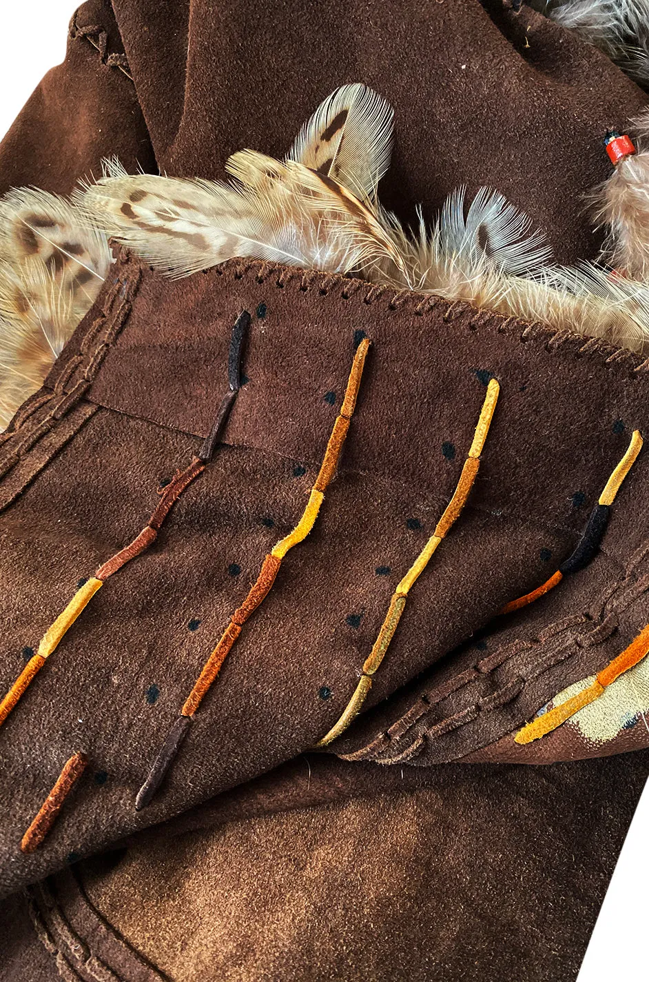 1960s North Beach Leather Suede & Feather Halter Top & Wrap Skirt Set