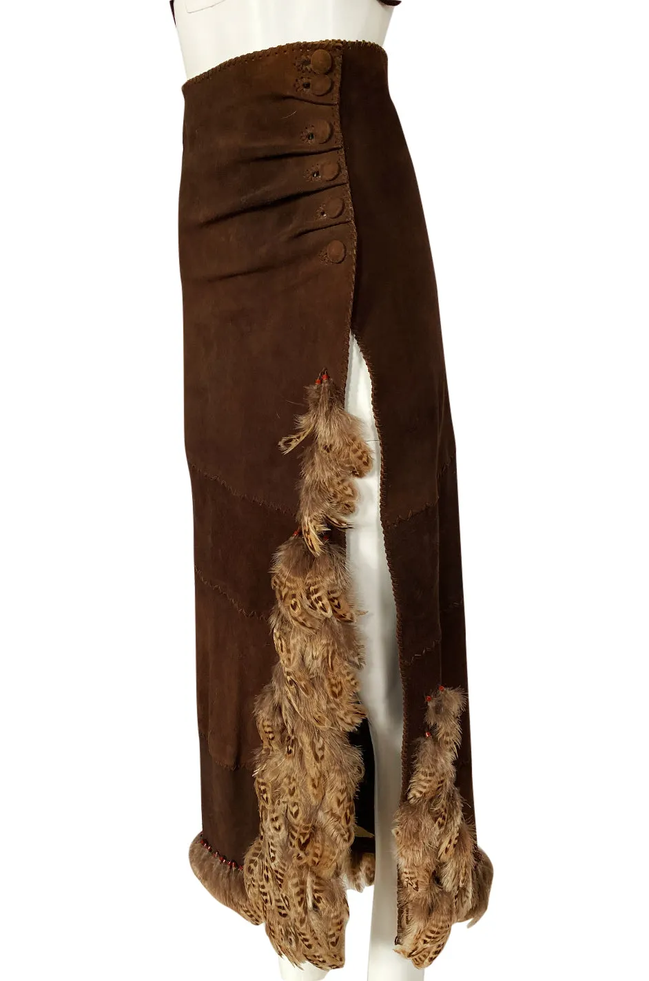 1960s North Beach Leather Suede & Feather Halter Top & Wrap Skirt Set