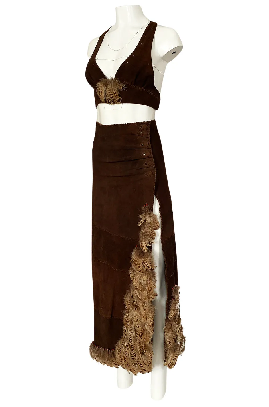 1960s North Beach Leather Suede & Feather Halter Top & Wrap Skirt Set