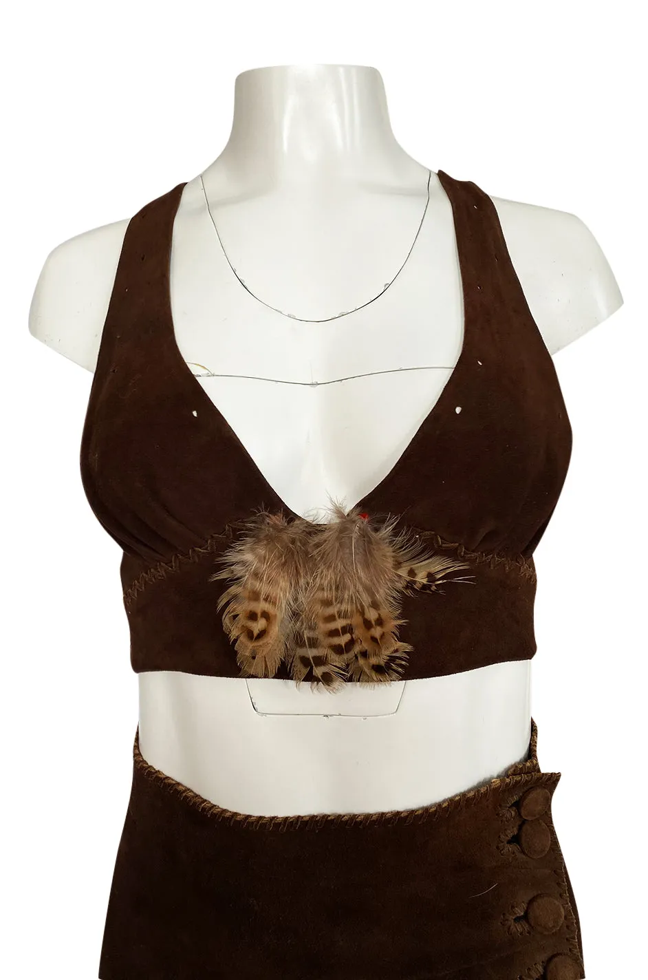 1960s North Beach Leather Suede & Feather Halter Top & Wrap Skirt Set