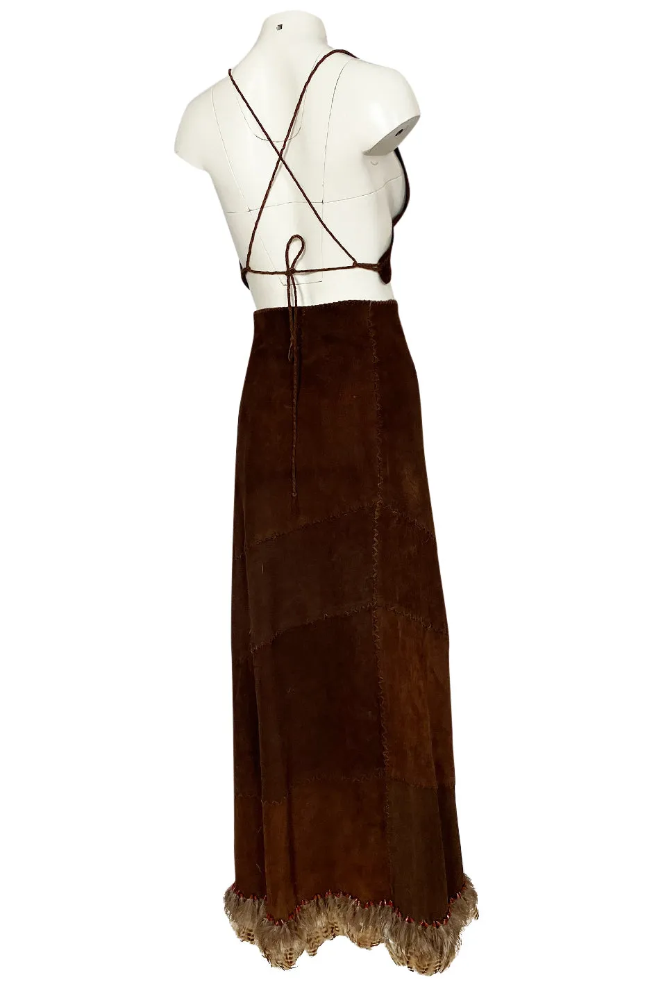 1960s North Beach Leather Suede & Feather Halter Top & Wrap Skirt Set