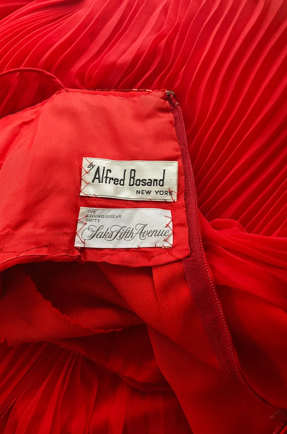1970s Alfred Bosand Red Chiffon Accordion Pleat Dress & Matching Cape