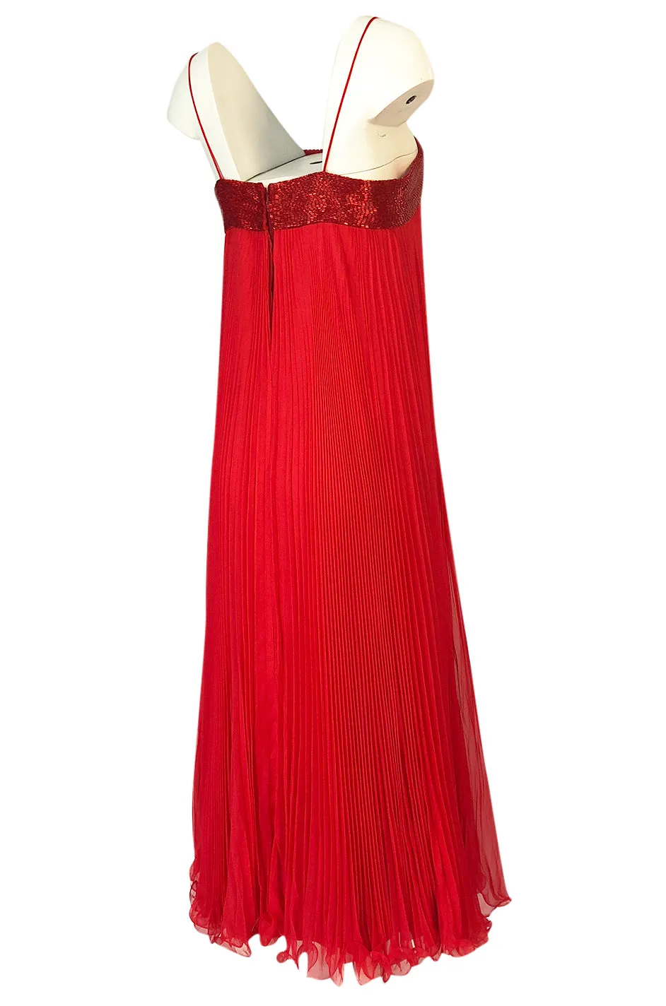 1970s Alfred Bosand Red Chiffon Accordion Pleat Dress & Matching Cape