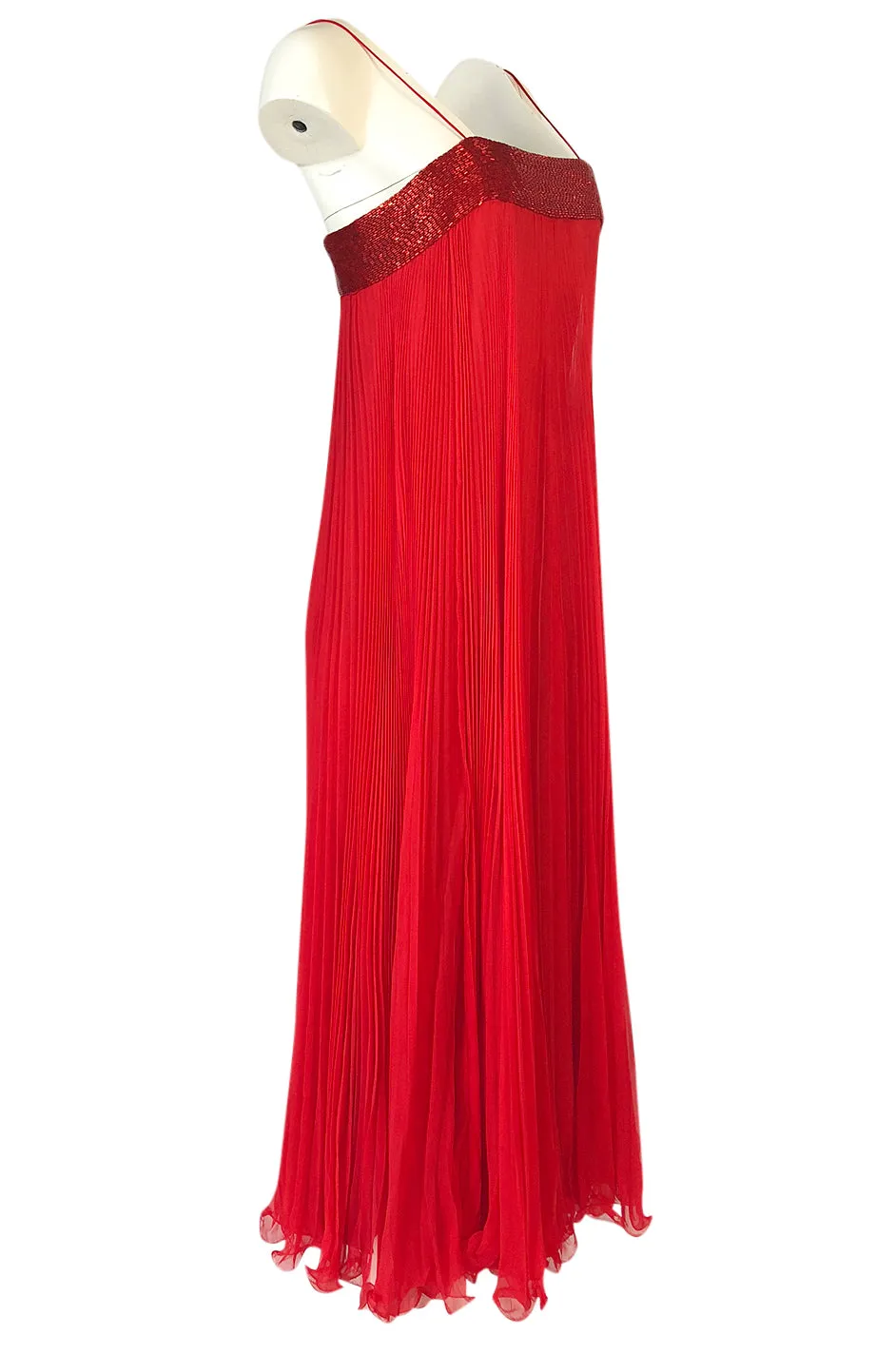 1970s Alfred Bosand Red Chiffon Accordion Pleat Dress & Matching Cape