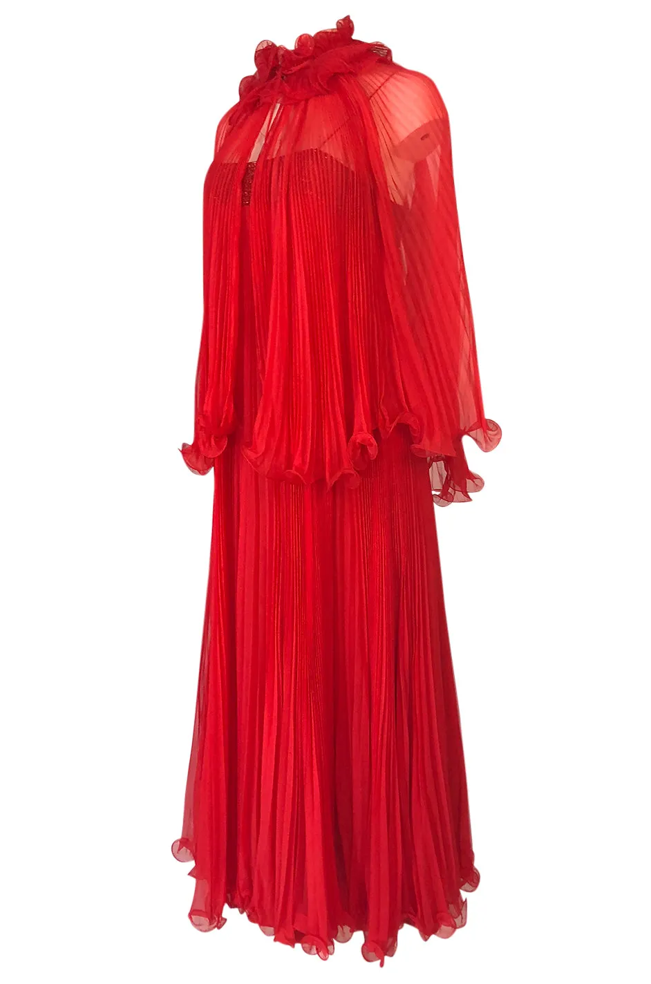 1970s Alfred Bosand Red Chiffon Accordion Pleat Dress & Matching Cape