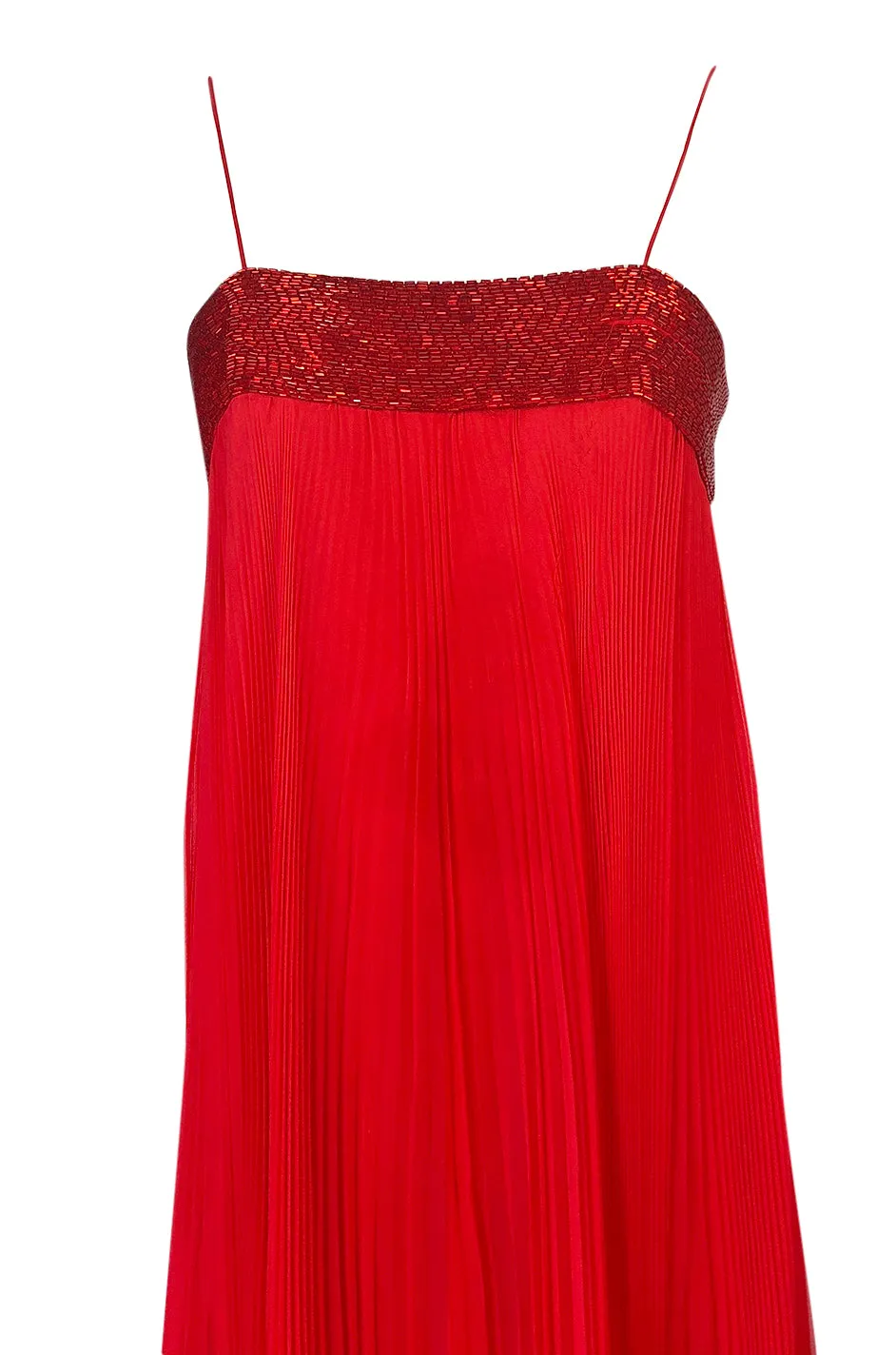 1970s Alfred Bosand Red Chiffon Accordion Pleat Dress & Matching Cape