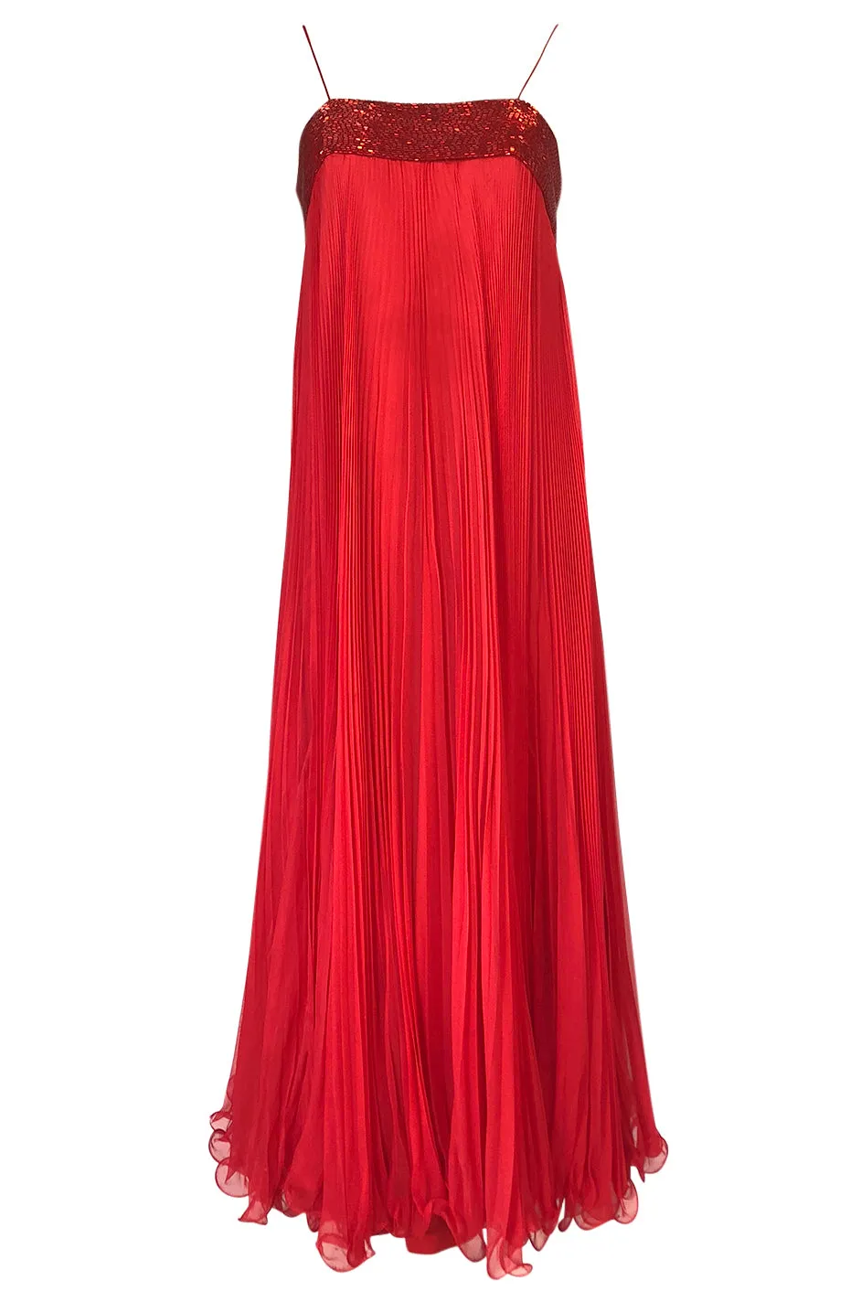 1970s Alfred Bosand Red Chiffon Accordion Pleat Dress & Matching Cape