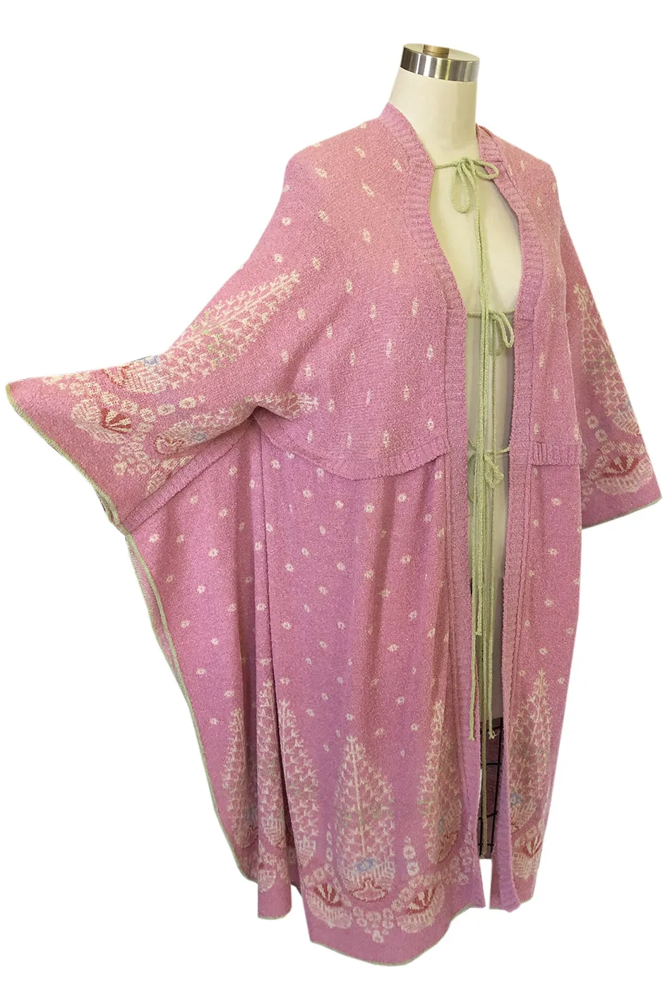1970s Bill Gibb Patterned Knit Soft Pink Front Tie Poncho Cape Coat