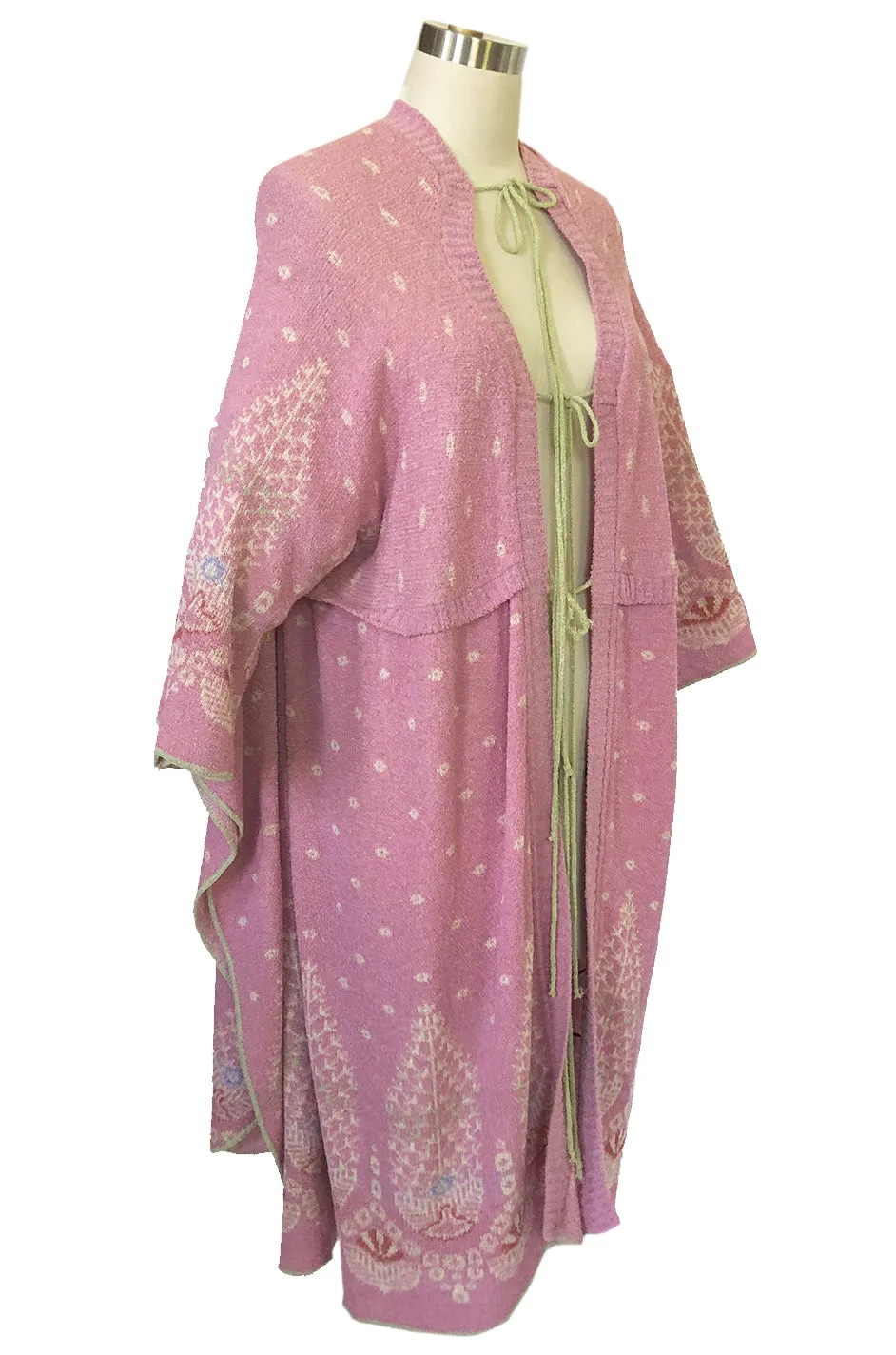1970s Bill Gibb Patterned Knit Soft Pink Front Tie Poncho Cape Coat