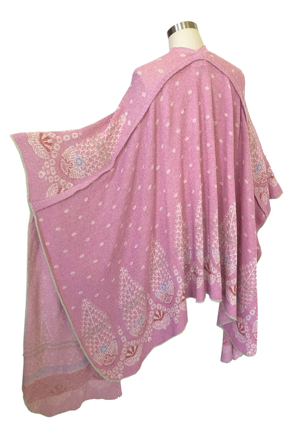 1970s Bill Gibb Patterned Knit Soft Pink Front Tie Poncho Cape Coat