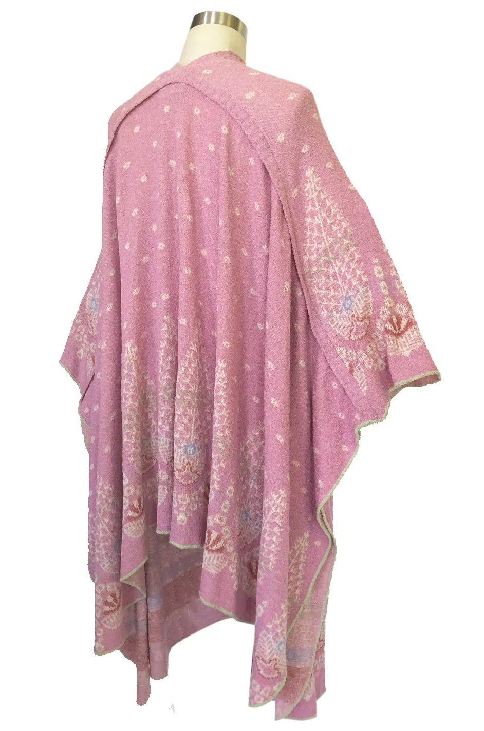 1970s Bill Gibb Patterned Knit Soft Pink Front Tie Poncho Cape Coat