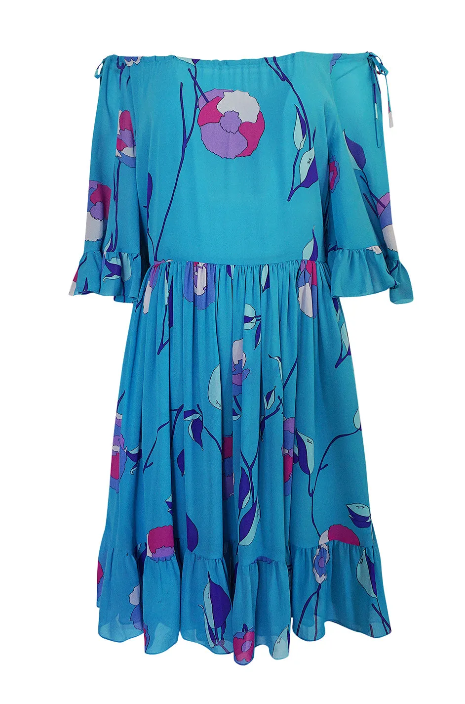 1970s Emilio Pucci Turquoise Silk Chiffon Off Shoulder Dress