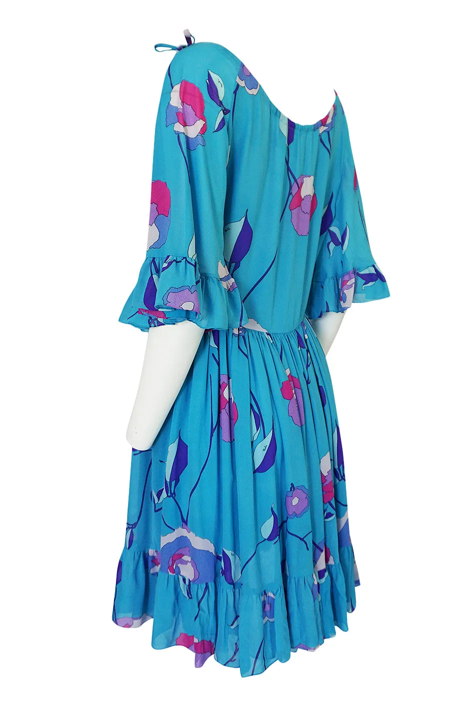 1970s Emilio Pucci Turquoise Silk Chiffon Off Shoulder Dress