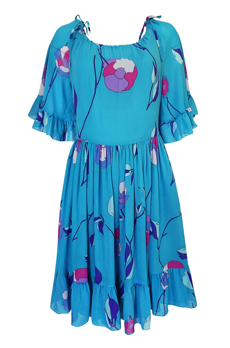 1970s Emilio Pucci Turquoise Silk Chiffon Off Shoulder Dress