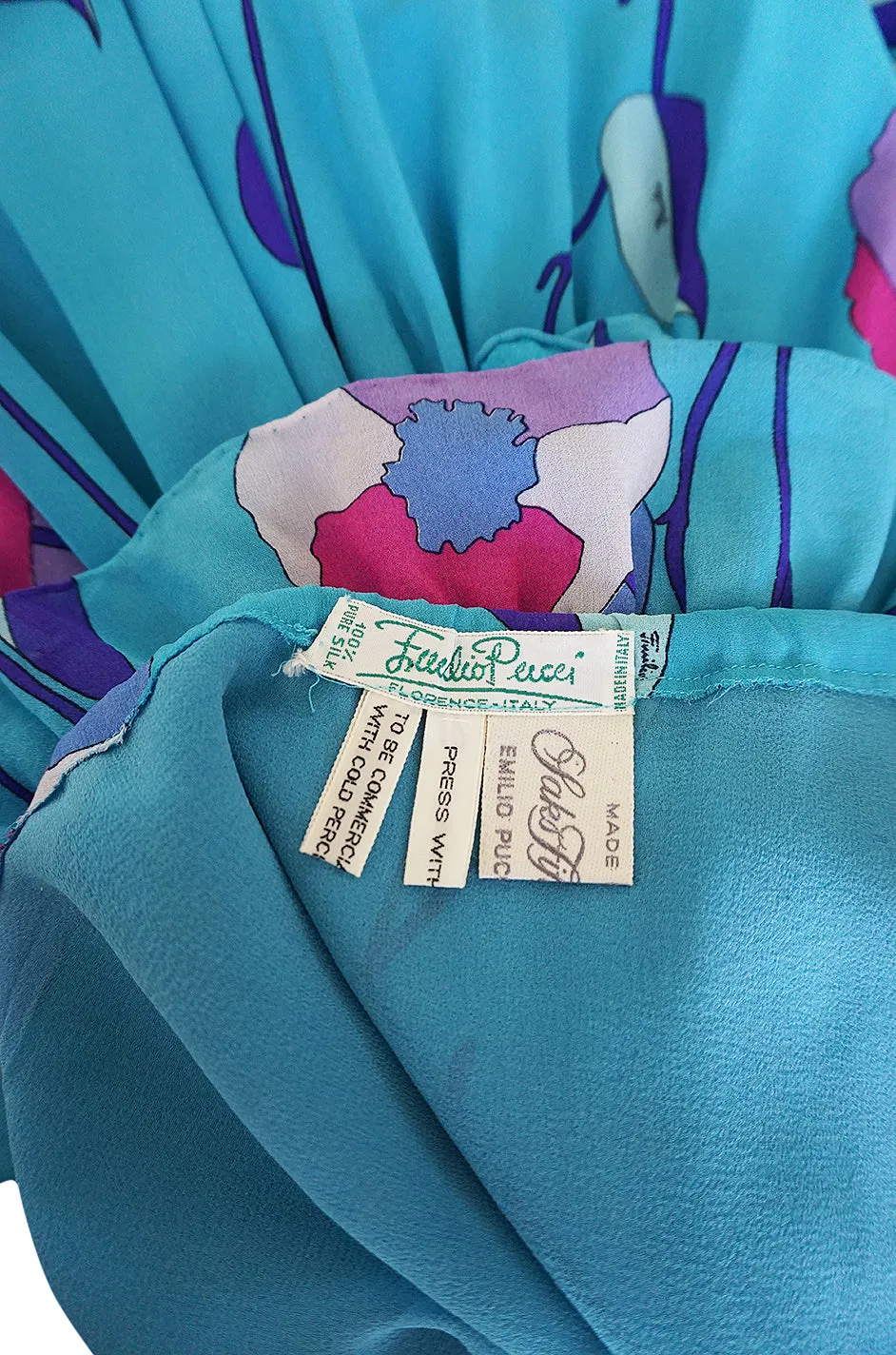 1970s Emilio Pucci Turquoise Silk Chiffon Off Shoulder Dress