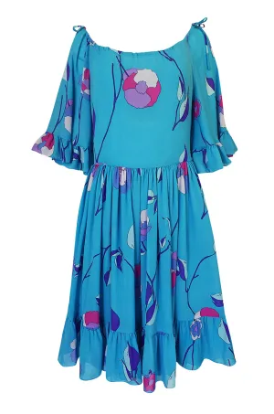 1970s Emilio Pucci Turquoise Silk Chiffon Off Shoulder Dress