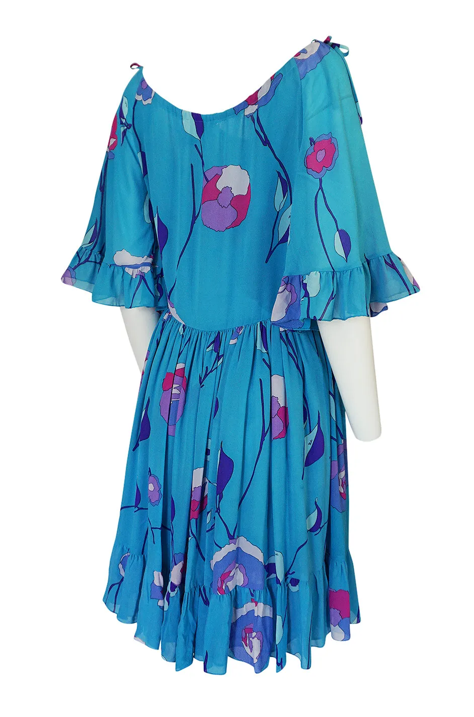 1970s Emilio Pucci Turquoise Silk Chiffon Off Shoulder Dress