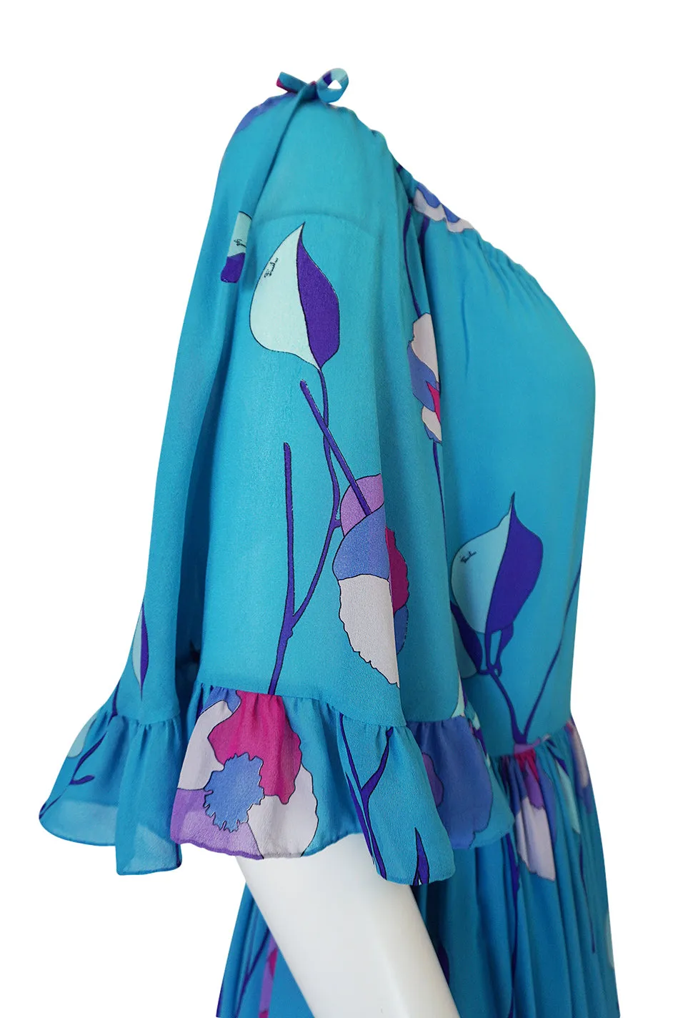 1970s Emilio Pucci Turquoise Silk Chiffon Off Shoulder Dress