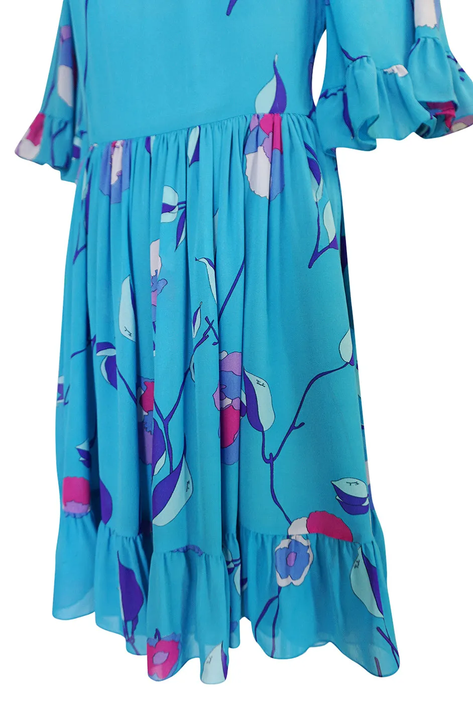 1970s Emilio Pucci Turquoise Silk Chiffon Off Shoulder Dress