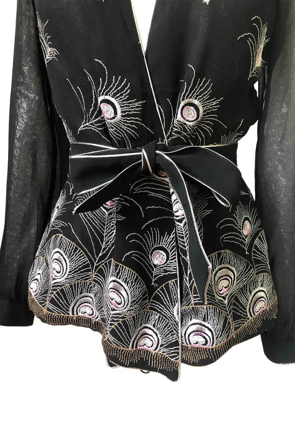 1970s Janice Wainwright Embroidered Peacock Feather Chiffon Wrap Top