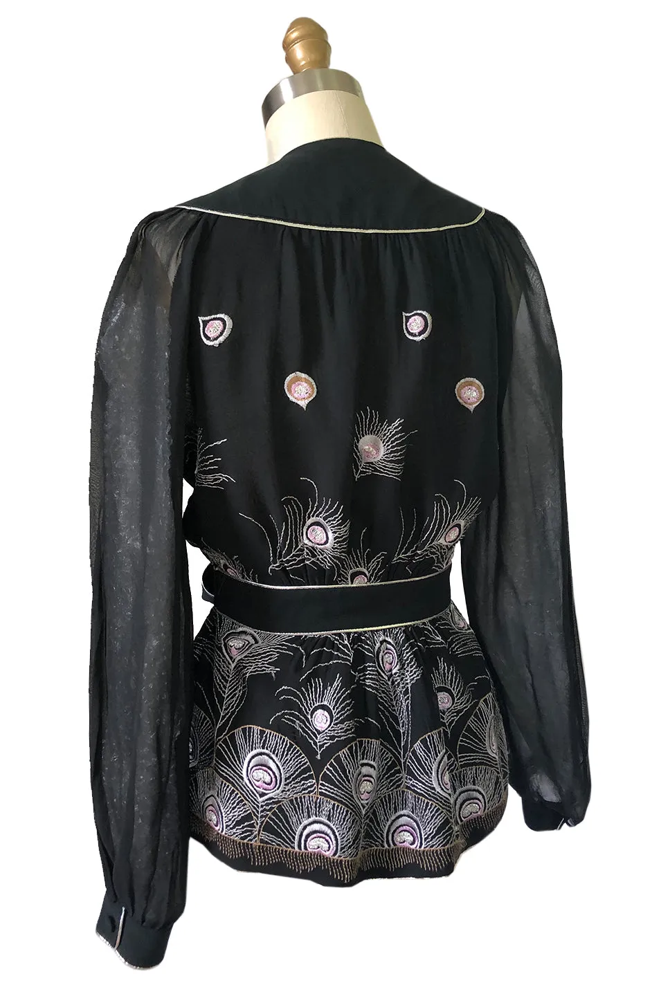 1970s Janice Wainwright Embroidered Peacock Feather Chiffon Wrap Top