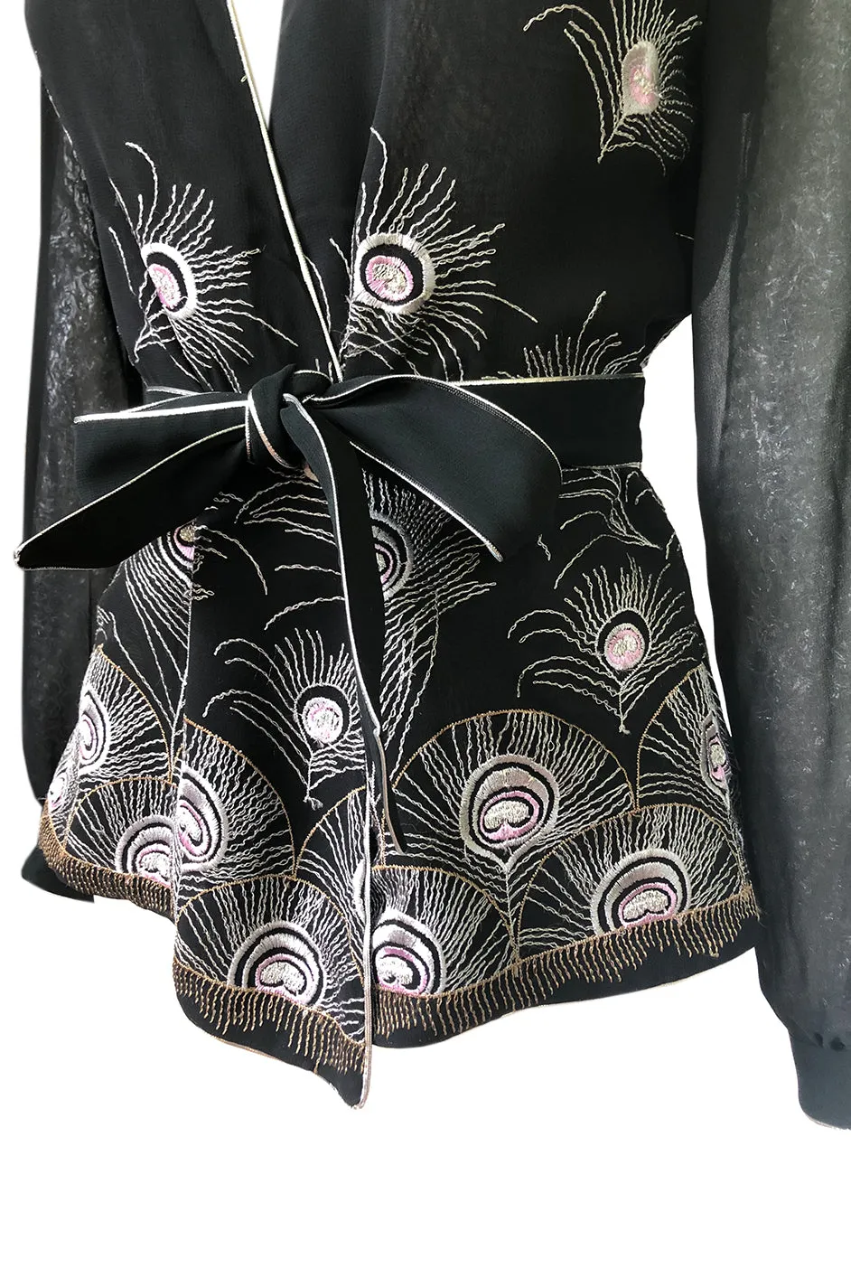 1970s Janice Wainwright Embroidered Peacock Feather Chiffon Wrap Top